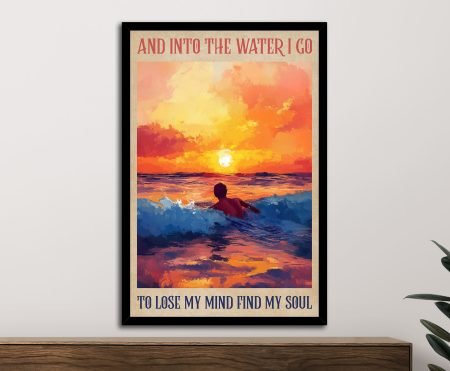 Framed tropical swim poster with a diver and turquoise water in nostalgic travel-poster style