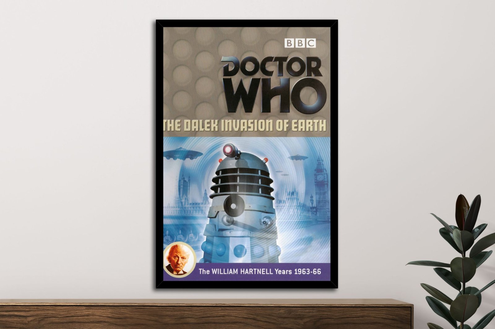 Doctor Who Dalek Invasion poster, retro sci-fi tones and menacing Dalek silhouettes