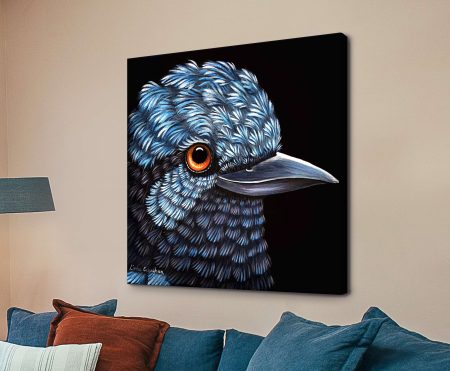 Fluffy Fairy Wren Linda Callaghan animal canvas print of a blue-feathered native bird with a copper eye above a navy lounge with rust cushion