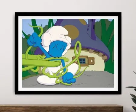 KAWS Kurfs pop-art print of a stylised cartoon figure in bold colour, framed print