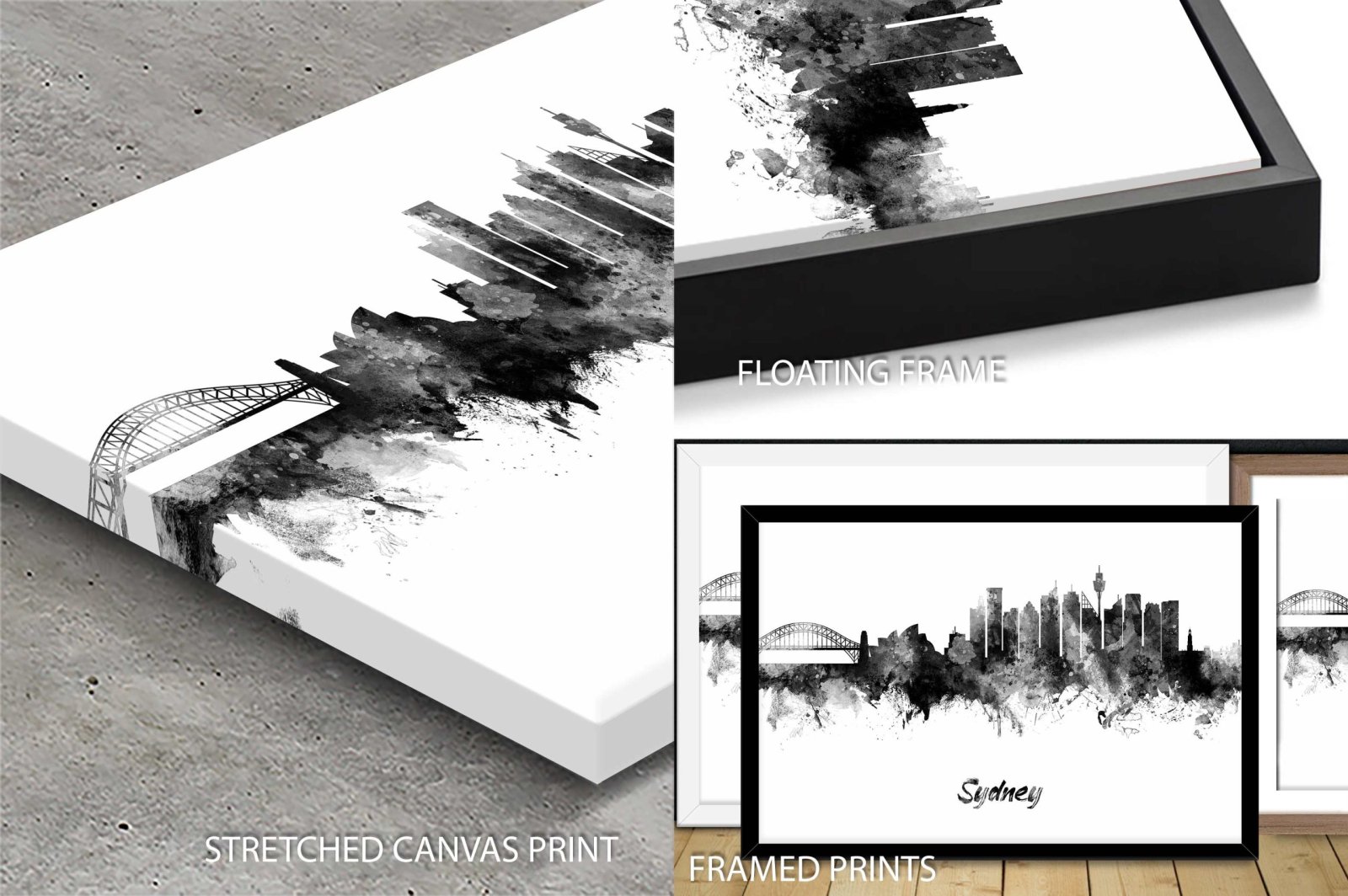 Sydney skyline corporate wall art format guide stretched canvas black floating frame and framed print