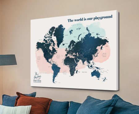 Wanderlust Atlas Miami-tones map canvas, breezy pastel palette across a detailed world chart