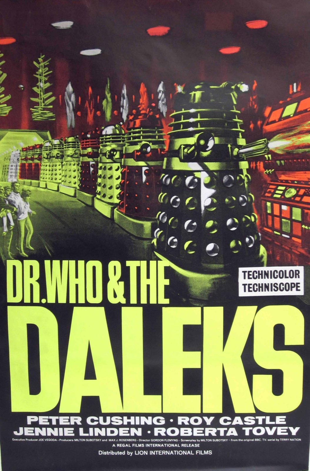 Dr Who and the Daleks poster, colourful sixties styling and dramatic robotic villains