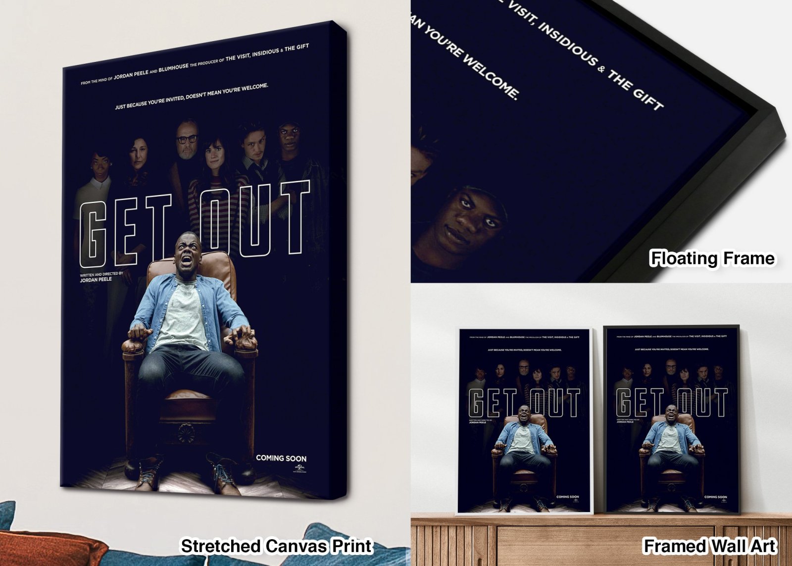 Get Out movie poster collage showing stretched canvas print, floating frame and framed wall art format options in dark navy tones