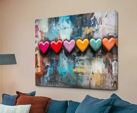 Canvas print of Graffiti Hearts street-art print with spray-painted, layered hearts