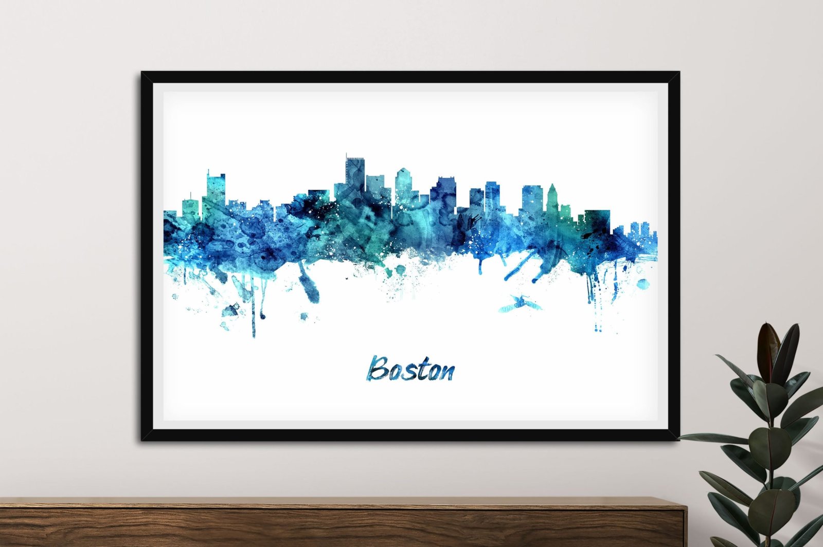 Michael Tompsett's Boston skyline rendered in flowing cool-blue watercolour