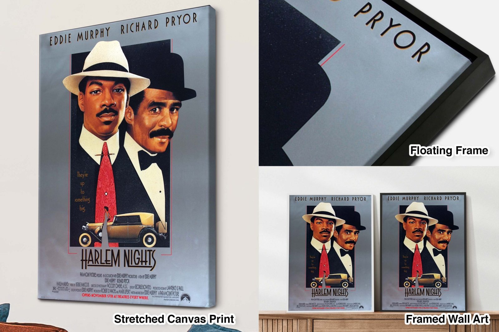 Harlem Nights movie poster featuring Eddie Murphy and Richard Pryor shown as stretched canvas, floating frame and framed wall art options