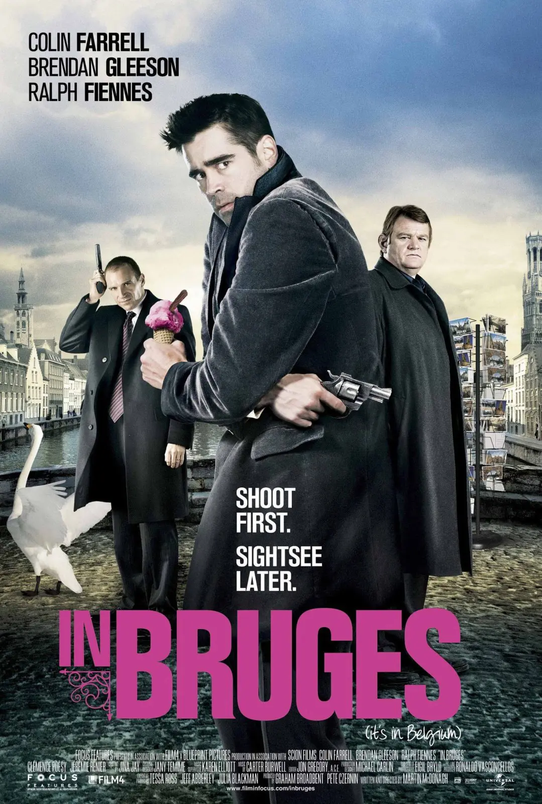 In Bruges movie poster featuring Colin Farrell, Brendan Gleeson and Ralph Fiennes with guns against a moody Belgian canal backdrop