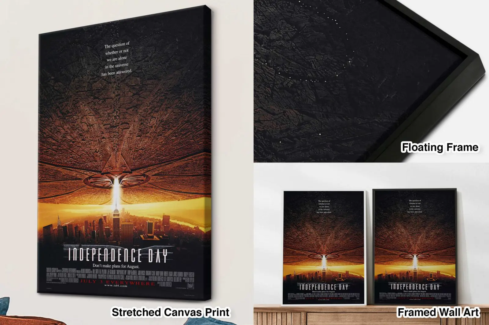 Independence Day movie poster shown as stretched canvas print, floating frame and framed wall art with alien spaceship over New York