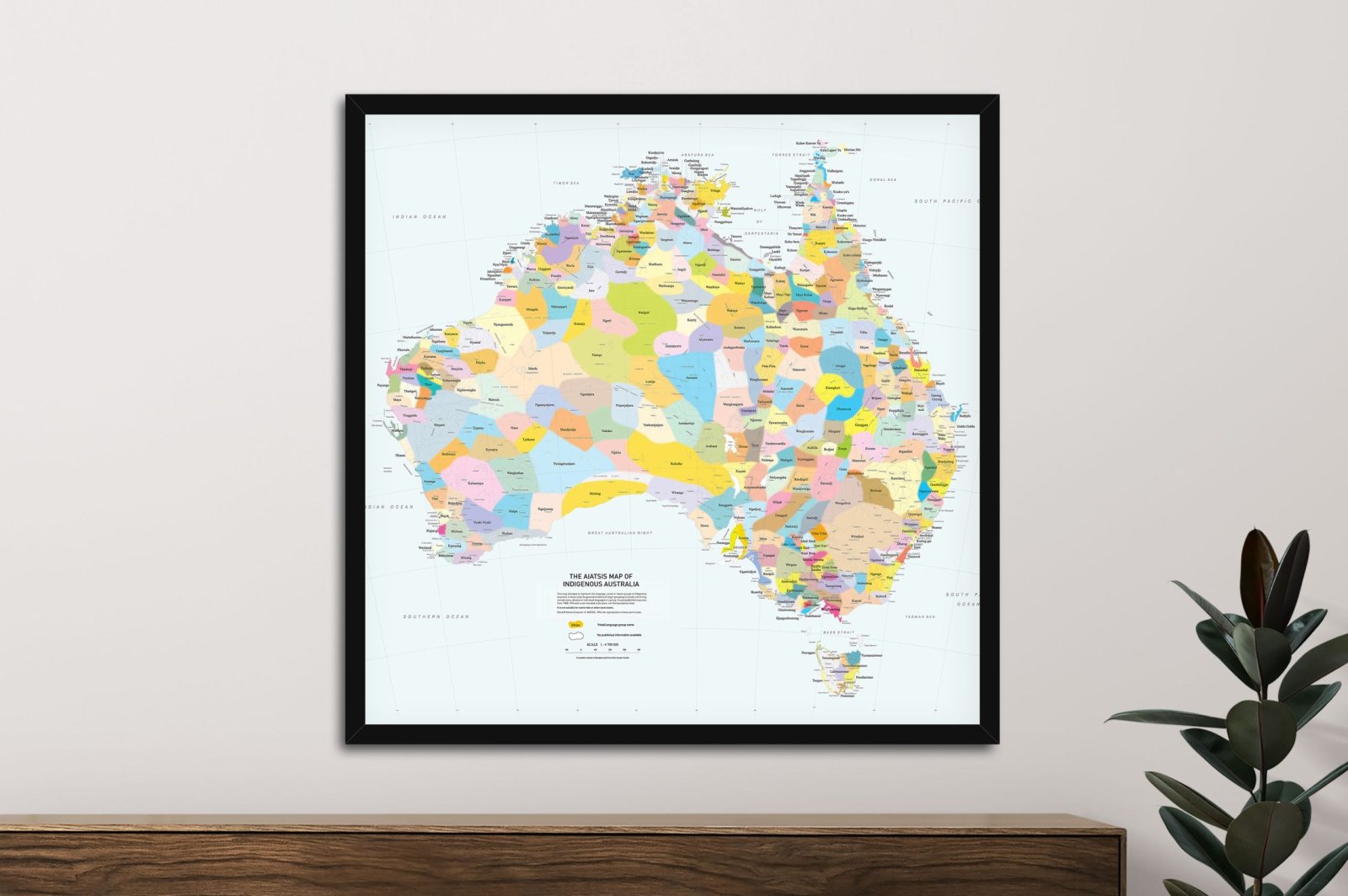 Framed Map of Indigenous Australia, colourful patchwork of First Nations language regions