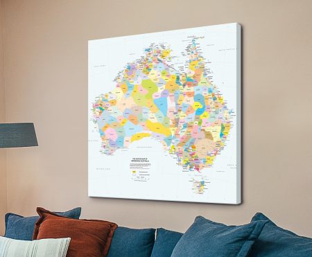 Map of Indigenous Australia canvas, vivid bordered regions naming Aboriginal nation groups