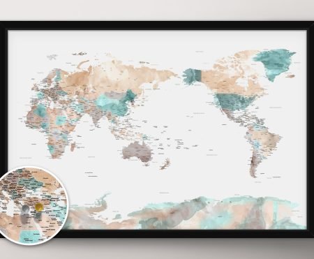 Framed pastel watercolour globe map, muted pastel palette over delicately rendered oceans