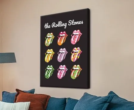 Rolling Stones collage on canvas, bold red-and-black mix of album art and lips motif