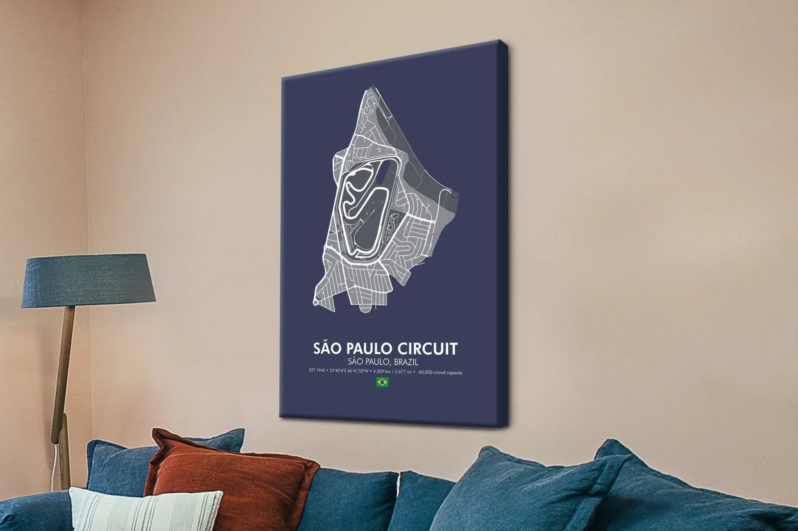 Formula 1 track map of the Sao Paulo Interlagos circuit in bold navy line work
