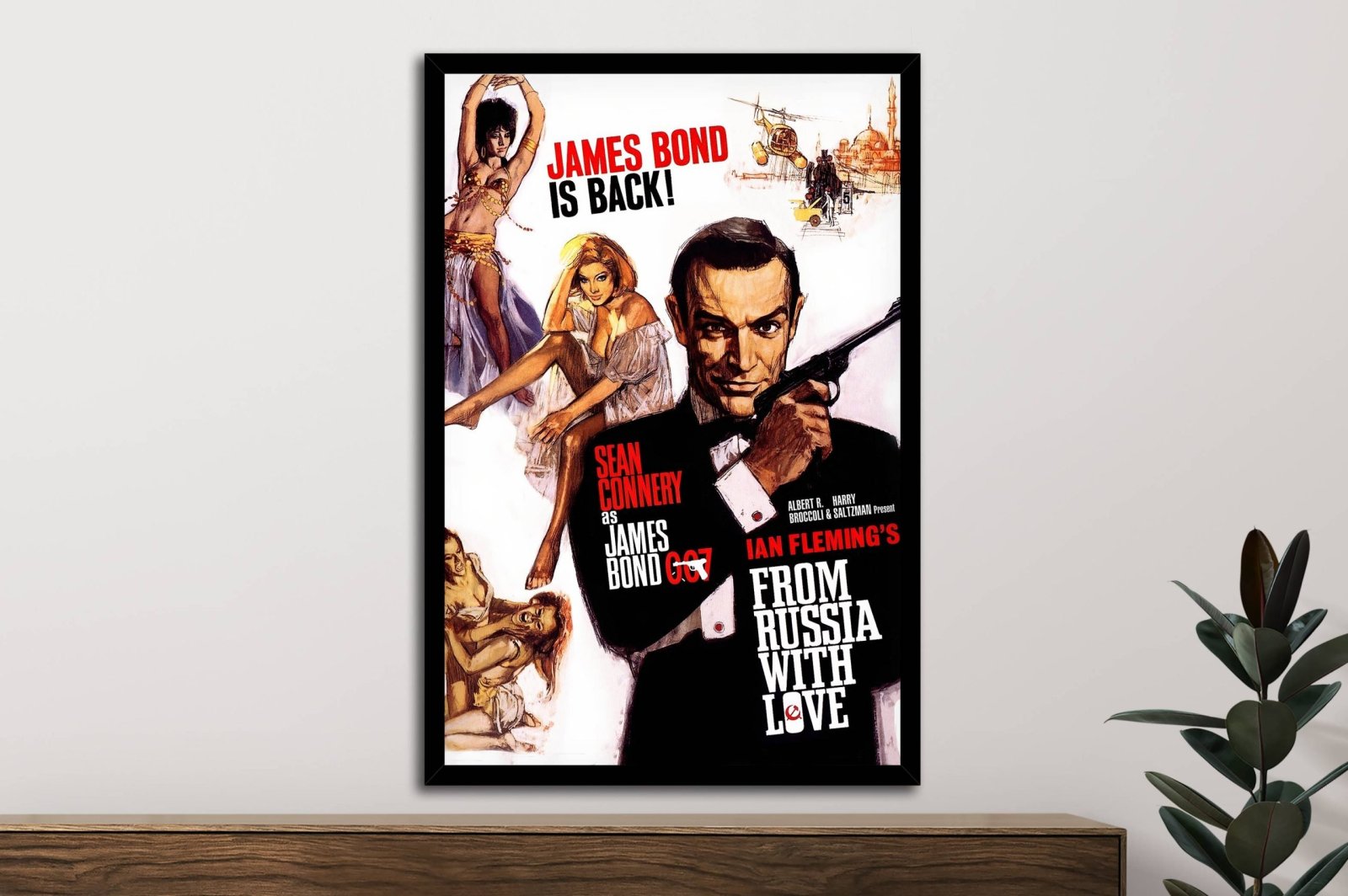 Framed From Russia With Love movie poster featuring Sean Connery as James Bond above a timber sideboard