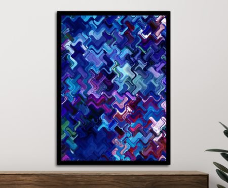 Retrospective Hedonism abstract framed print in glossy blue, purple and magenta woven shapes above timber console