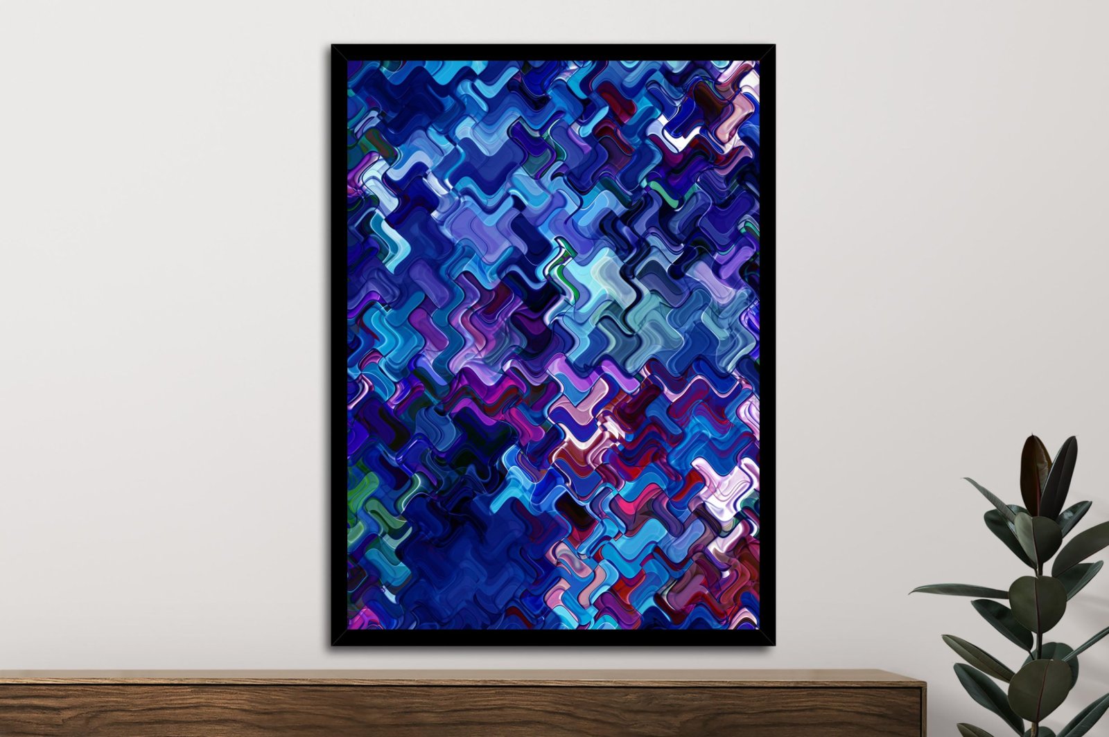 Retrospective Hedonism abstract framed print in glossy blue, purple and magenta woven shapes above timber console
