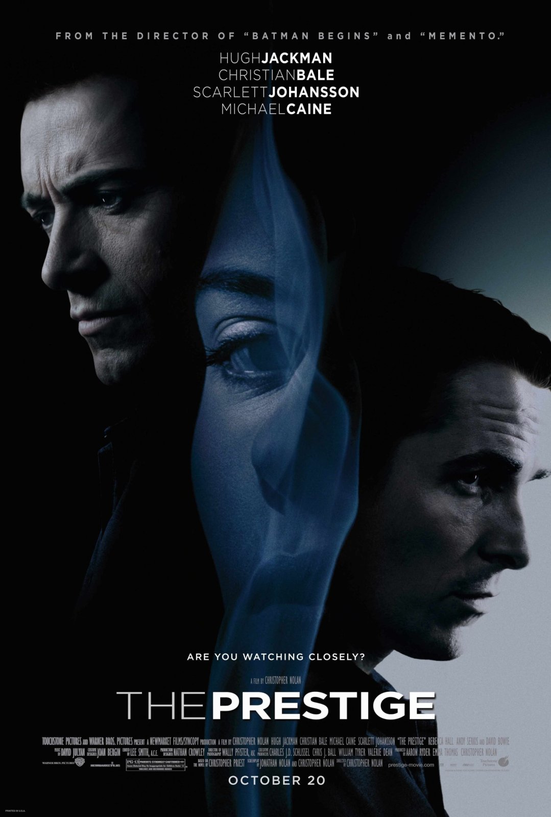 The Prestige movie poster featuring Hugh Jackman and Christian Bale profiles with Scarlett Johansson in moody blue tones