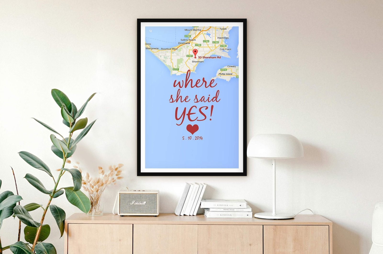 Where She Said Yes framed personalised map with a custom location