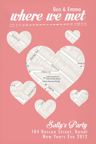 Where We Met heart map with a personalised meaningful place marked