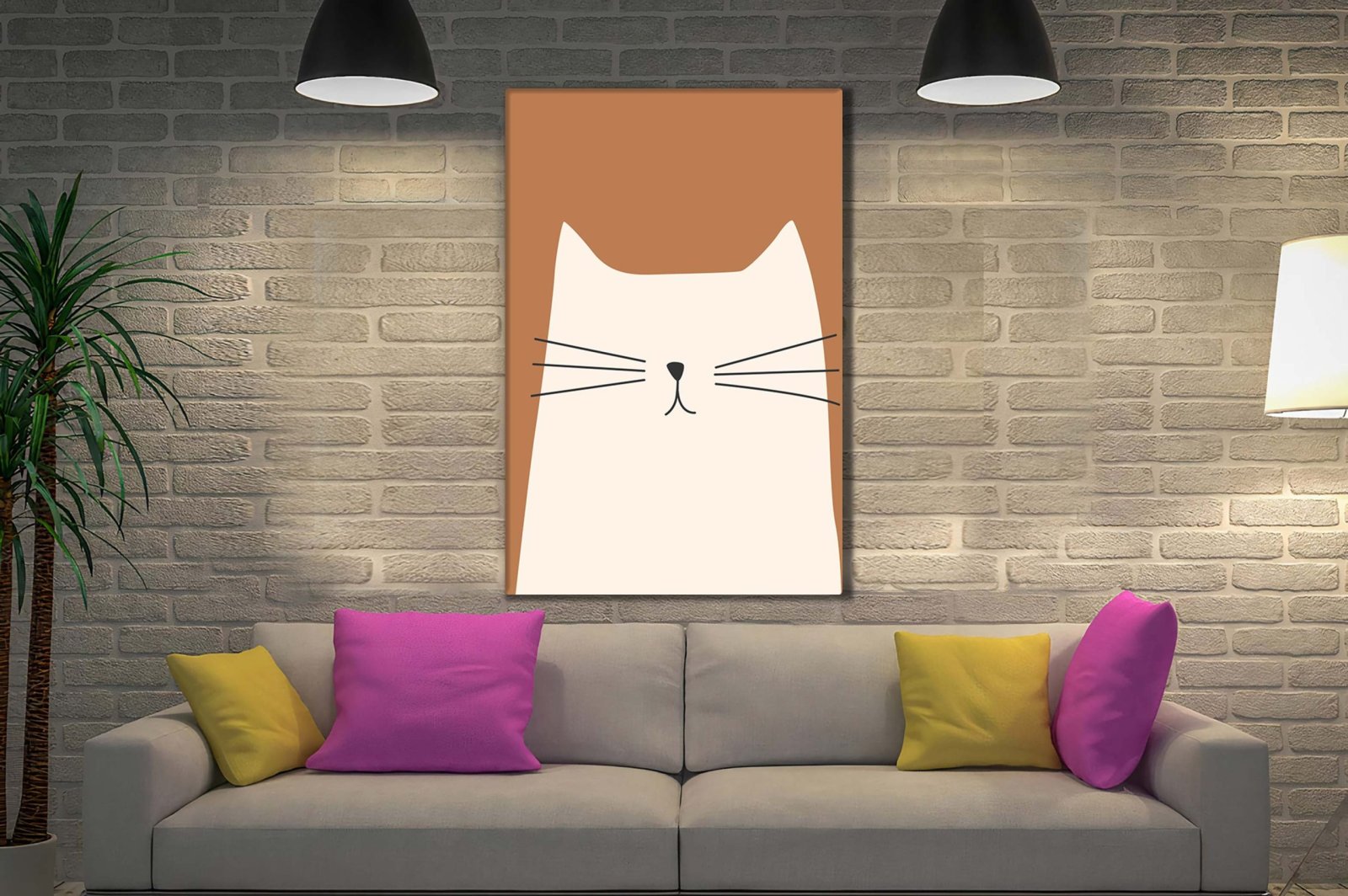 Minimalist white cat illustration on terracotta background canvas print hung above grey sofa with pink and yellow cushions