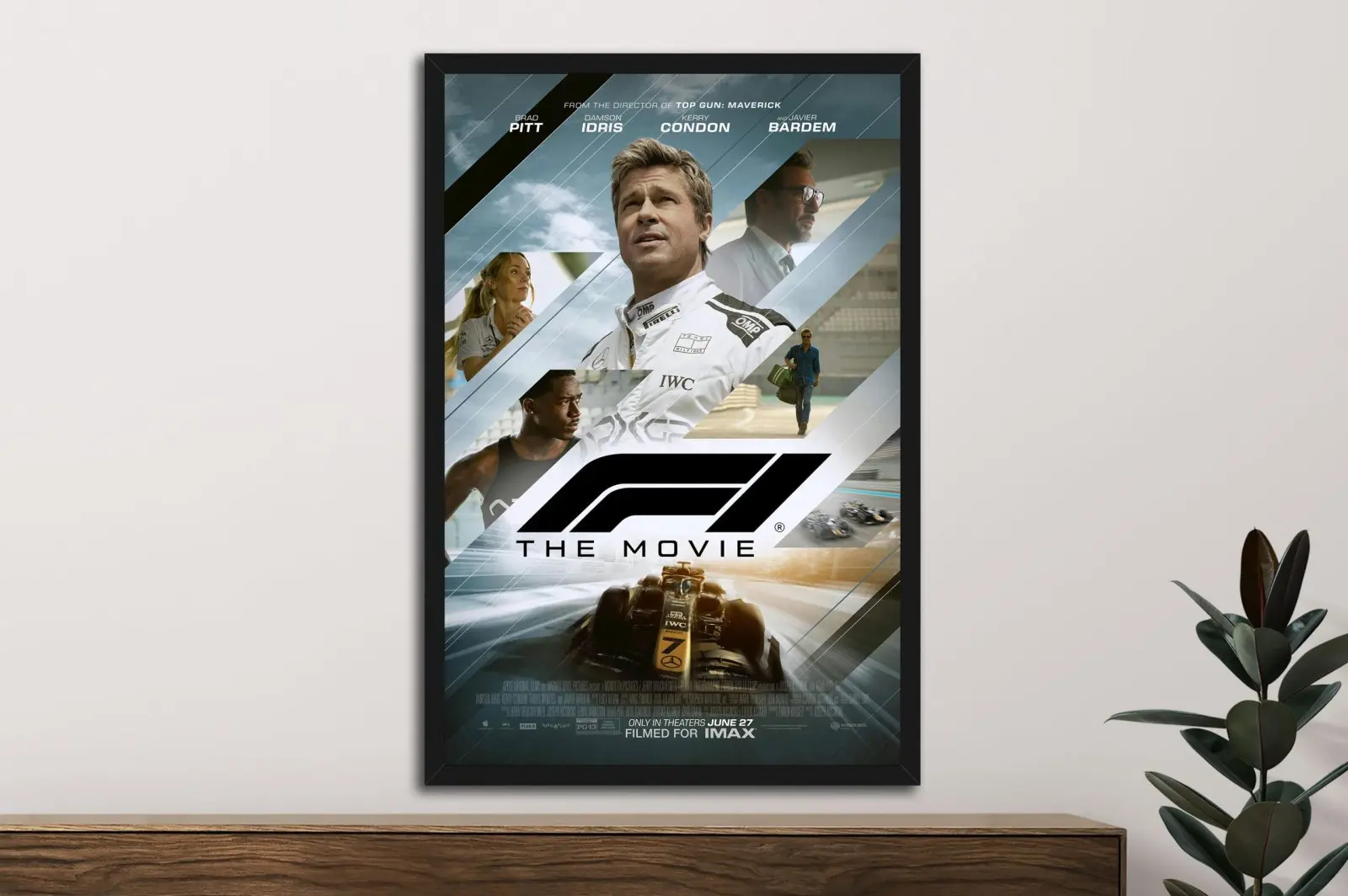 F1 movie poster in strong contrasting tones, a striking energetic motorsport print.