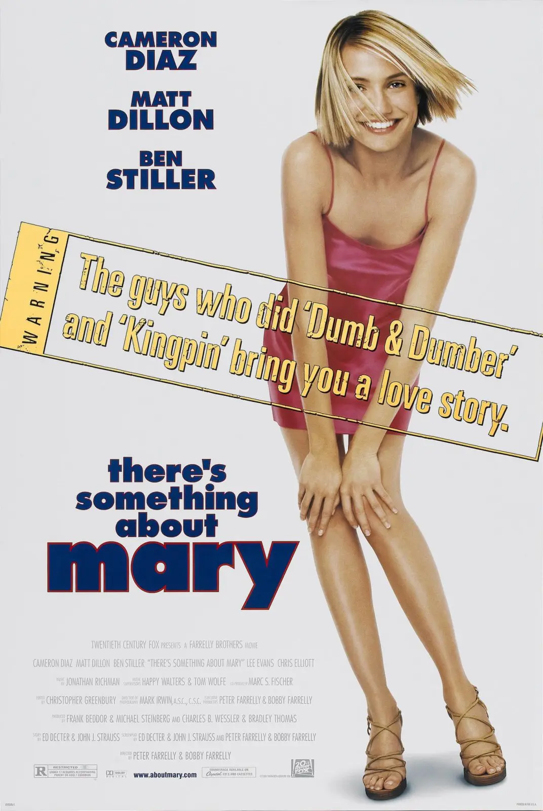 There's Something About Mary poster featuring Cameron Diaz in a pink slip dress smiling against a white background