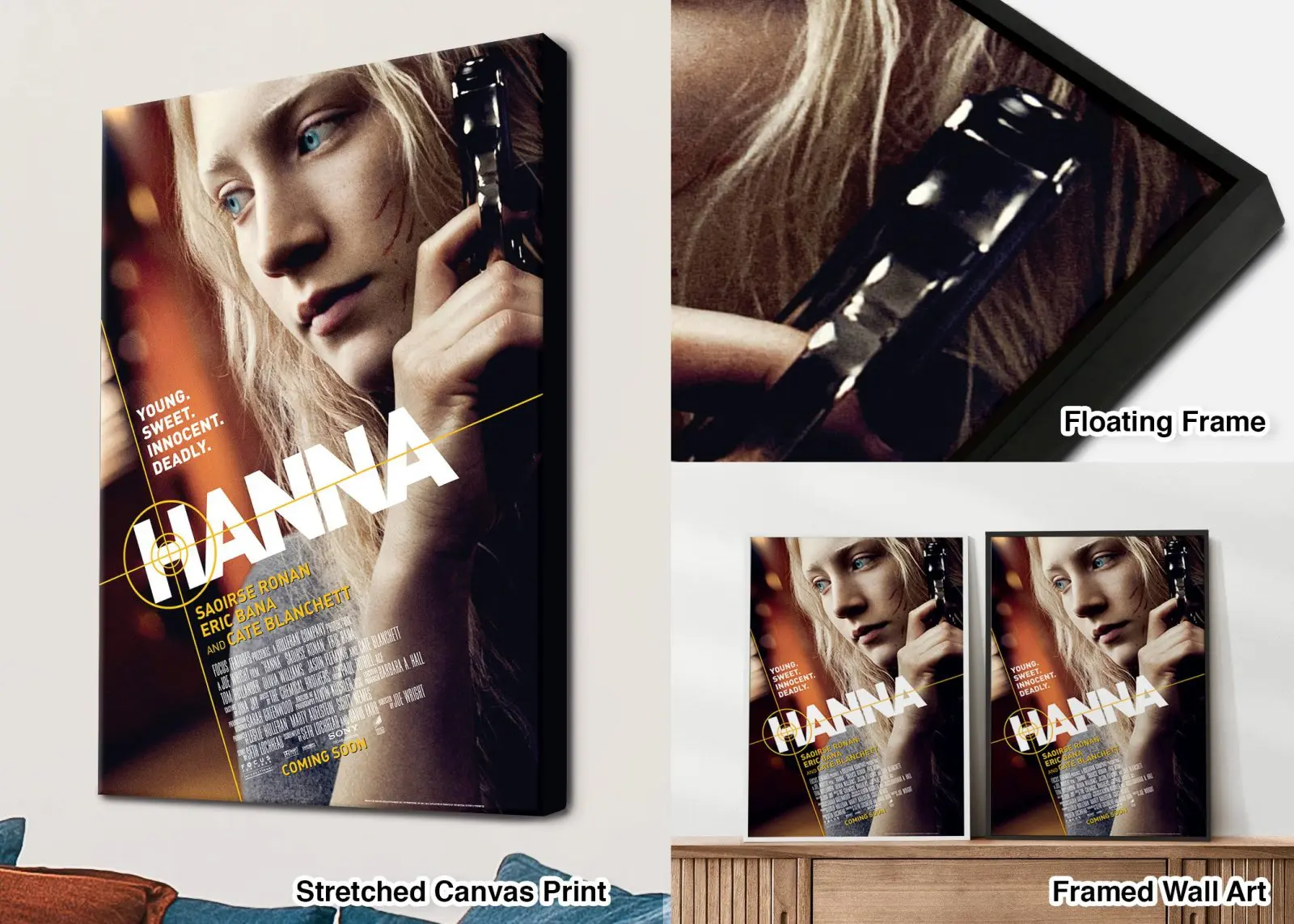 Hanna movie poster featuring Saoirse Ronan holding a gun, shown as stretched canvas, floating frame and framed wall art formats