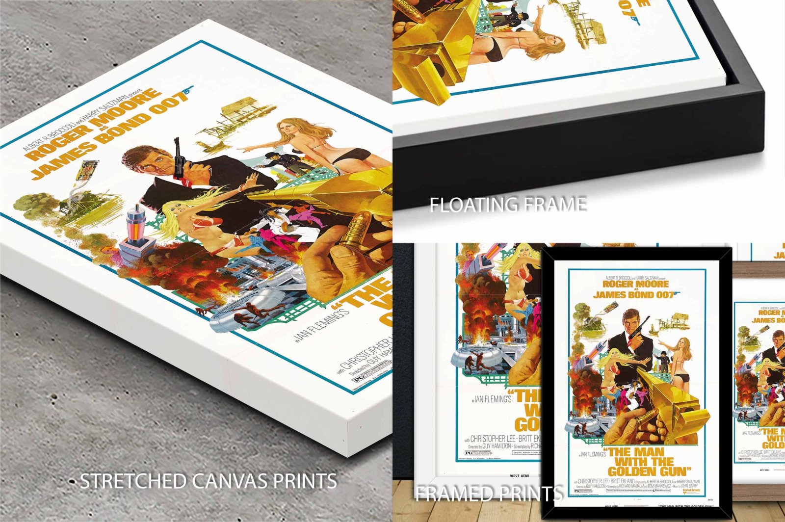 The Man with the Golden Gun James Bond poster shown in stretched canvas, floating frame and framed print formats with Roger Moore artwork