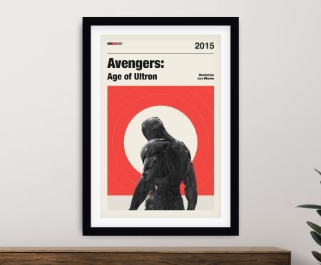 Framed Avengers Age of Ultron minimalist poster with red circles and black Ultron figure on light grey wall above timber sideboard