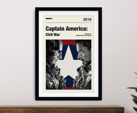 Framed Captain America Civil War minimalist poster with Steve Rogers facing Tony Stark over navy and red star design