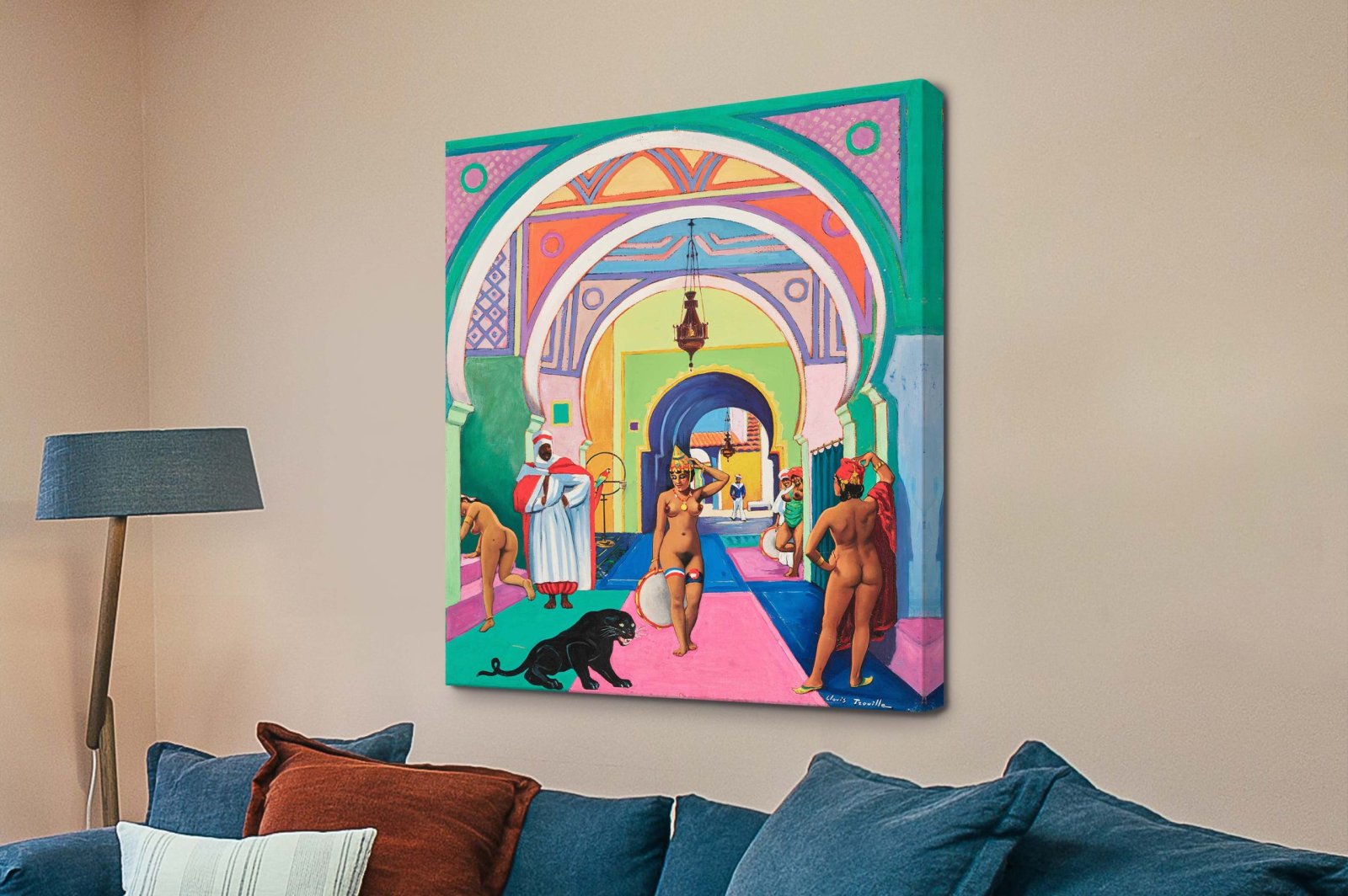 Canvas print of The Belly Dancer in the Brothel by Clovis Trouille, dreamlike surrealist mood for a Perth lounge