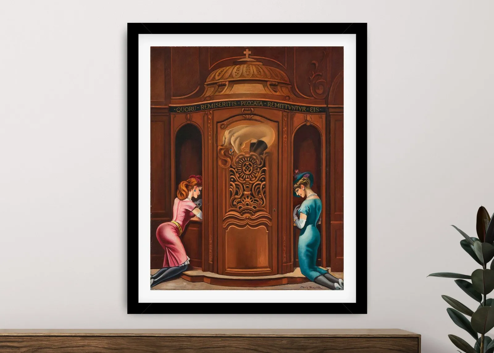Framed print of The Confessional by Clovis Trouille, bold surrealist mood for a Perth apartment