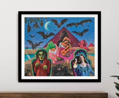 Clovis Trouille The Vampyr Dream modern art print framed in black above timber console