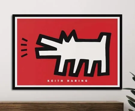 Framed print of a Keith Haring Dog design, bold retro pop art mood for a Perth study