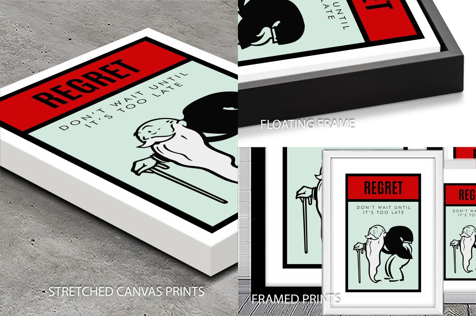Canvas print of a Don't Wait Monopoly design, bold motivational mood for a Perth living room