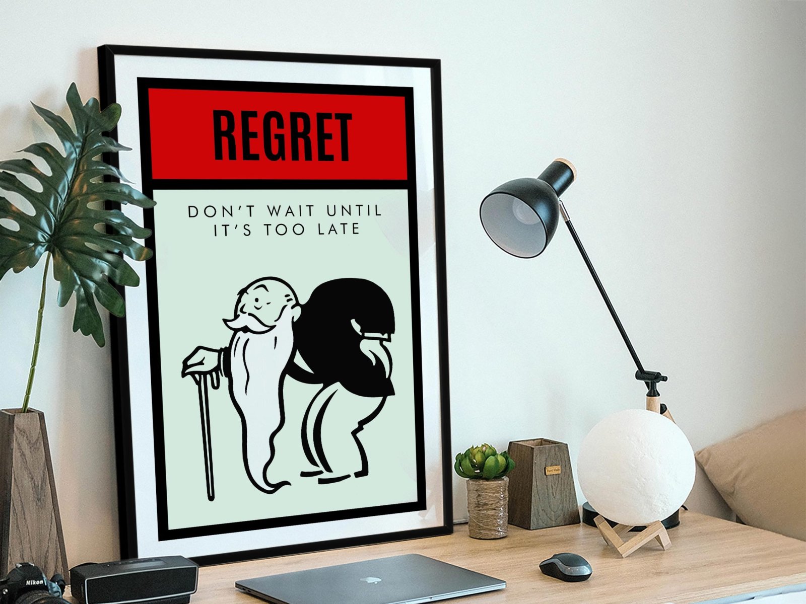 Framed print of a Don't Wait Monopoly design, bold motivational mood for a Perth office