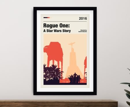 Star wars wall art Rogue One minimalist film poster black-framed paper print above timber sideboard