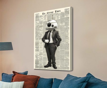 BB-8 in suit star wars canvas print on Chicago Times newspaper above blue couch