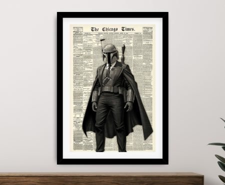 Boba Fett star wars framed print Mandalorian helmet on Chicago Times newspaper above timber sideboard