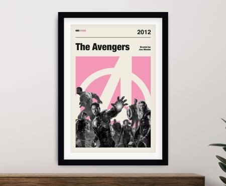 Framed print of an Avengers minimalist poster, graphic bold mood for a Perth games room