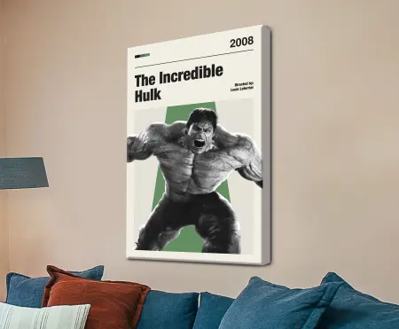 Wide composition of The Incredible Hulk minimalist movie poster canvas scaled, rendered as framed print in Muted dark tones