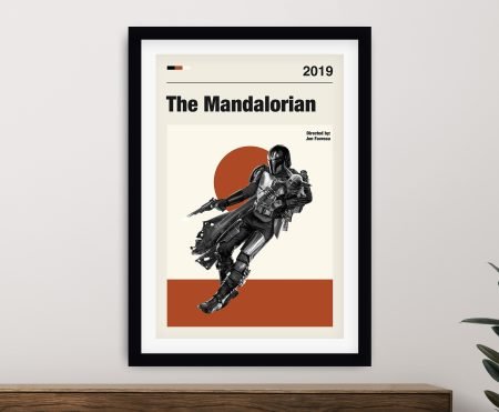 Star wars framed print The Mandalorian minimalist poster with Mando and Grogu above timber console