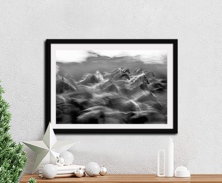 Framed Unbridled black and white animal photography print of galloping horses