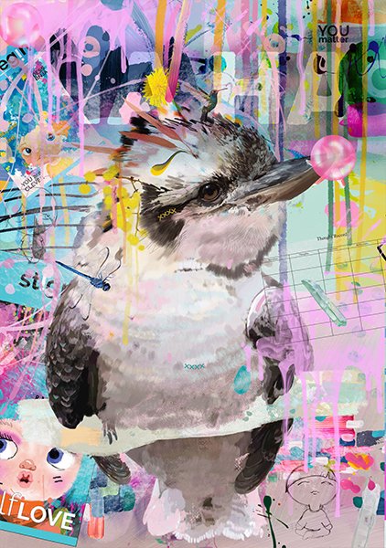 HaHa Kookaburra by Karin Roberts featuring a detailed bird on vibrant pink, blue and yellow graffiti-style mixed media background