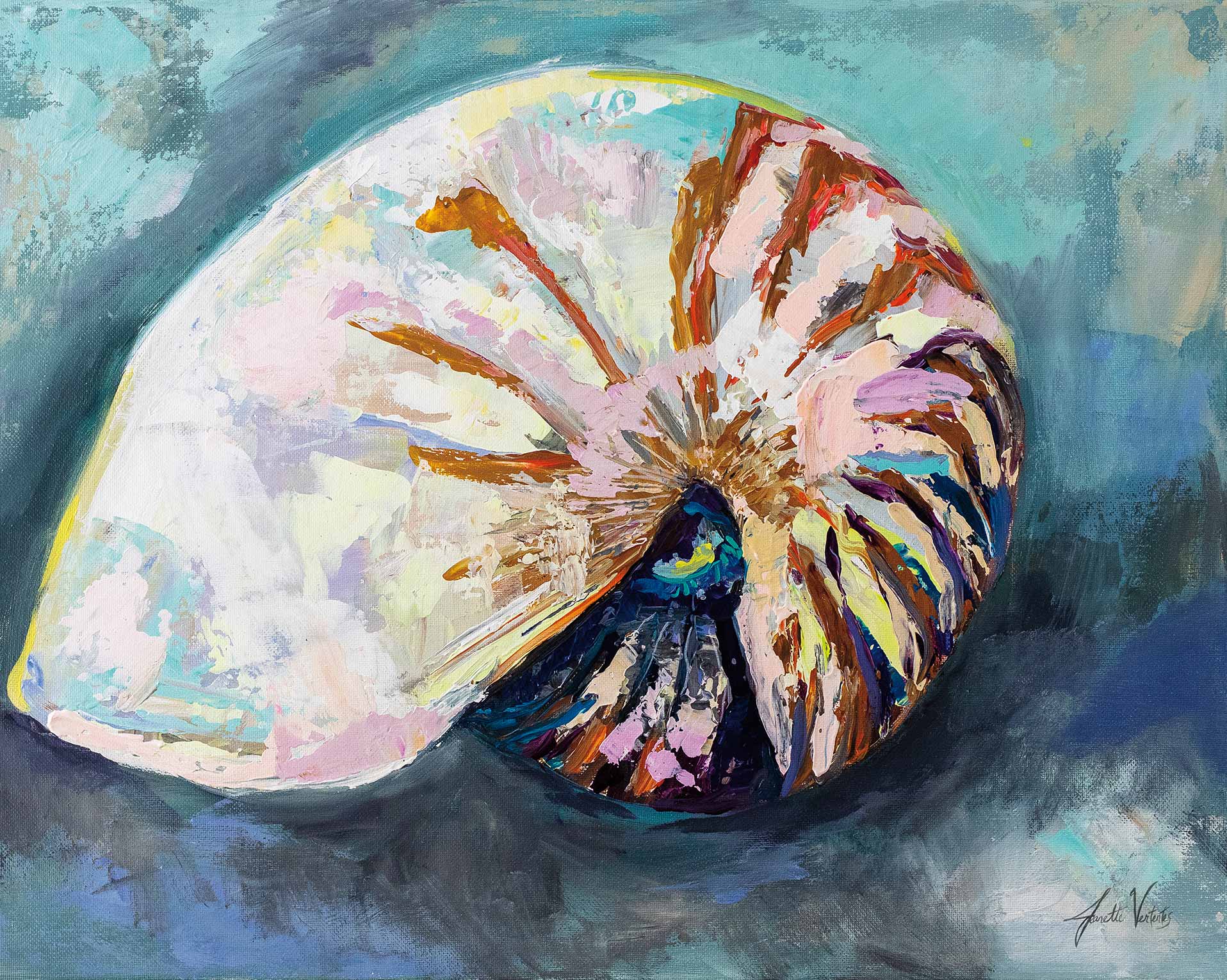 Vibrant impressionist painting of a nautilus shell by Jeanette Vertentes with teal, pink, and copper brushstrokes