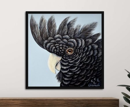 Cheeky Cockatoo animal art print framed black-feathered cockatoo with pale beak by Linda Callaghan