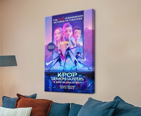 Canvas print of a K-Pop Demon Hunters poster, energetic vivid mood for a Perth bedroom