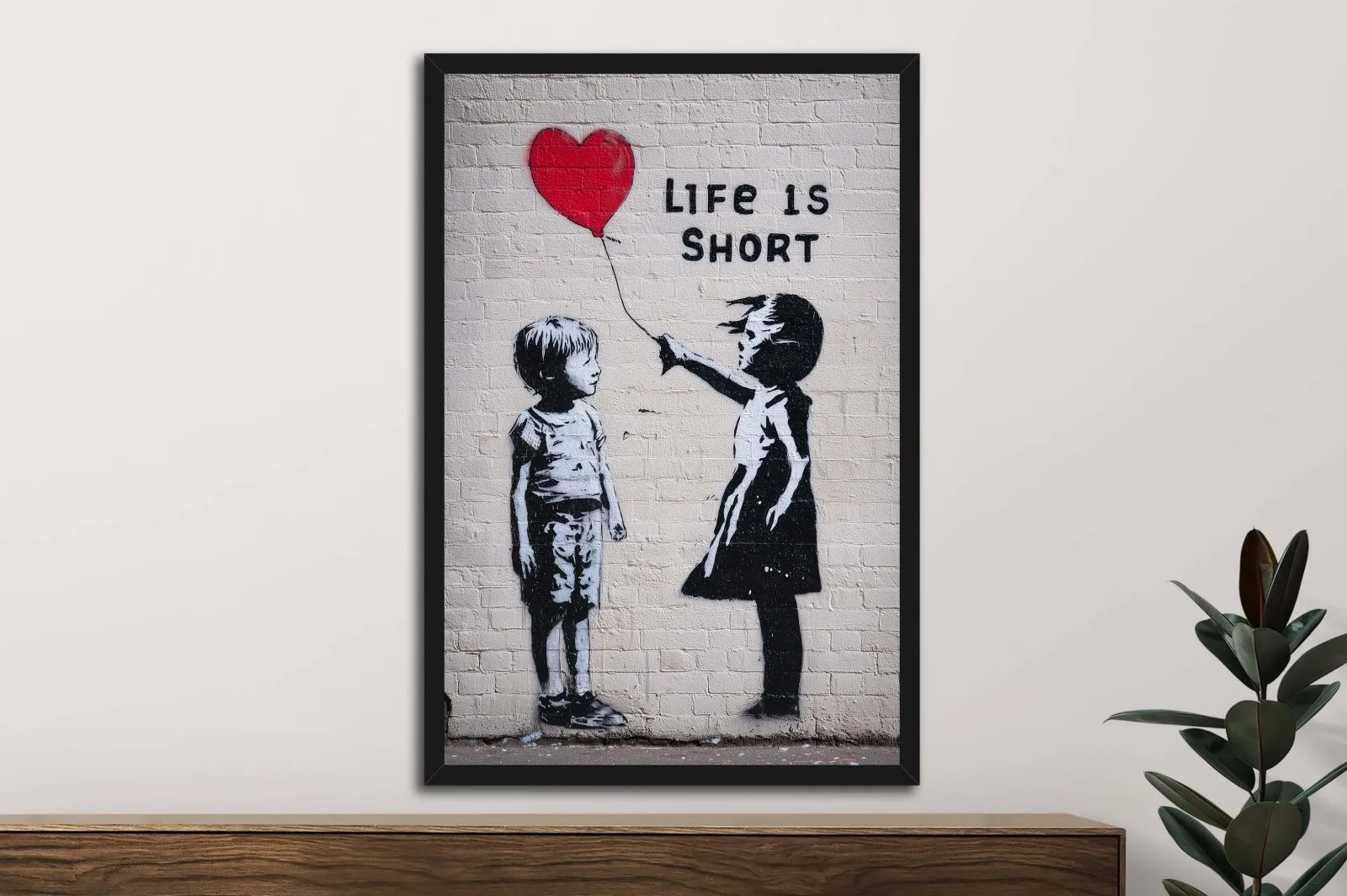Framed print of a Banksy Life Is Short design, bold street art mood for a Perth study
