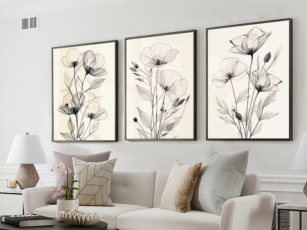 Contemporary botanical triptych framed wall art set — gallery wall example
